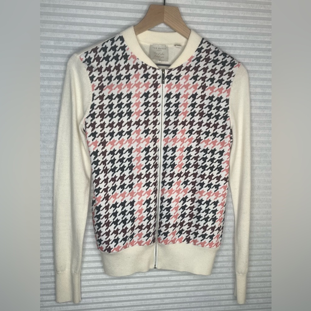 Ted Baker London Houndstooth zip up bomber sweater jacket full zip size 1 US 4